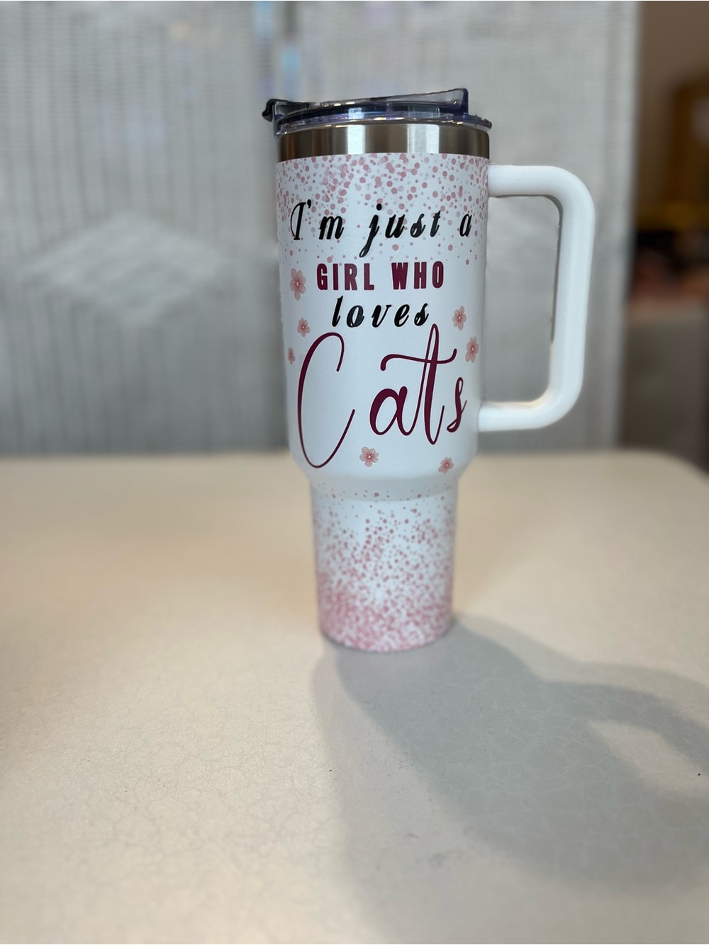 White & Pink "I'm Just a Girl Who Loves Cats" Travel Tumbler